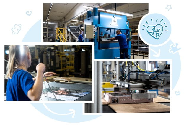 Cada uno de los Puzzles y Juegos personalizados de nuestros clientes, son troquelados por cuchillos de precisión y empaquetados en cajas diseñadas individualmente.